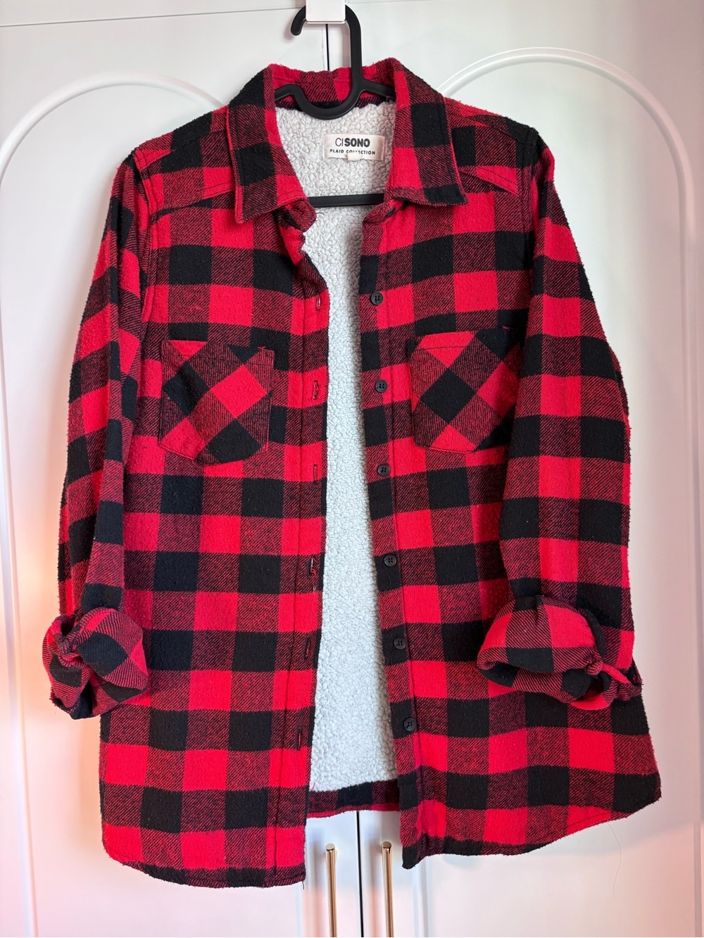 Ci Sono Red & Black Plaid Sherpa-Lined Utility Shacket
